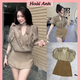 Set Bộ Đồ Nữ Nâu Áo Tơ Đũi 2 Lớp Hoa Đính Nổi Tay Bồng Mix Chân Váy Nâu Chữ A Có Quần Trong