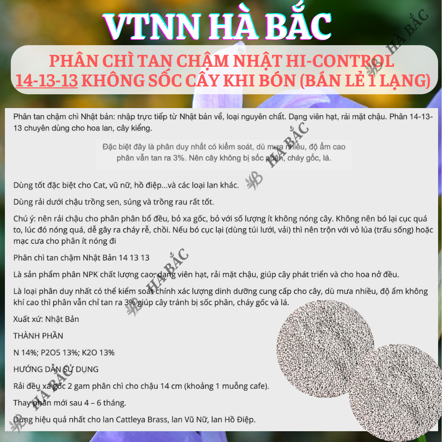 Phân Chì Tan Chậm Nhật Hi-Control 14-13-13 Không Sốc Cây Khi Bón Phong lan cây kiểng Bonsai (BÁN LẺ 1 LẠNG)