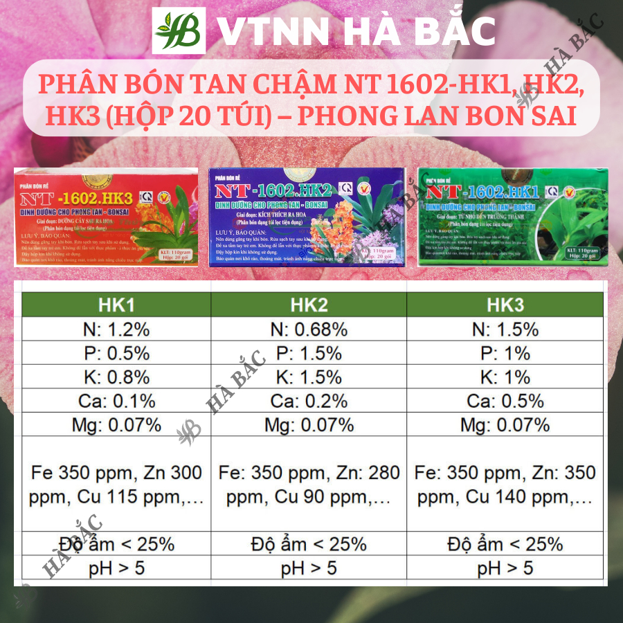 Phân bón tan chậm dạng túi lọc NT 1602-HK1, HK2, HK3 (hộp 20 túi) – chuyên phong lan bon sai cây kiểng