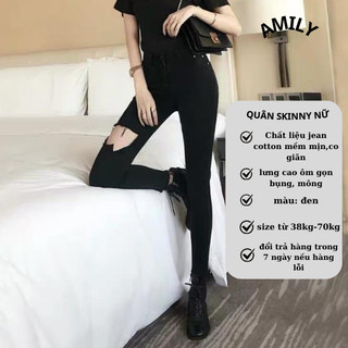 Quần jean nữ dài màu đen AMILY rách đùi to Lưng cao co dãn mạnh có BIGSIZE tới 70kg