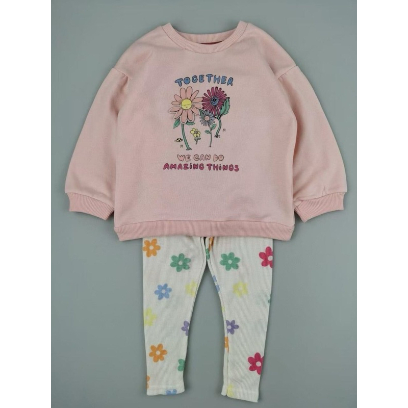 Bộ Nỉ Bé Gái Sơ Sinh Họa Tiết Hoa Hồng Xinh Xắn C5546 Xuất Dư Size 0-3M / 3-6M (3-7kg)