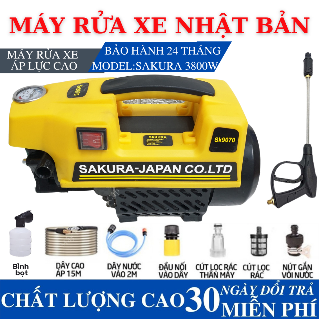 Máy rửa xe Sakura áp lực cao - Lõi đồng 100% bảo hành 24 tháng - tặng bình bọt tuyết