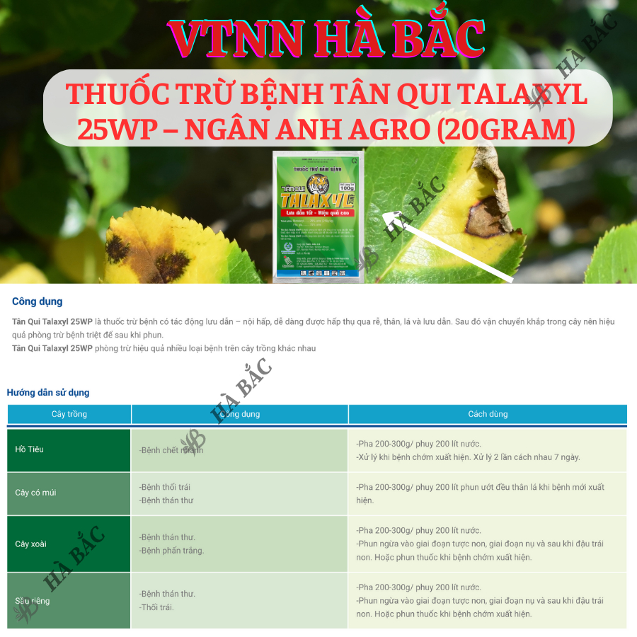 Thuoc Xử Lí Nấm Tân Qui Talaxyl 25wp – Ngân Anh Agro (20gram), Thối Nhũn trên Hoa Lan, Sương Mai, Đốm Lá Trên Hoa Hồng