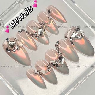 (Tặng hộp nail, keo MxBon) Nail box thiết kế nền thạch hồng tráng gương cực quang charm đá sang M60