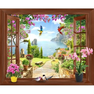 Tranh cửa sổ 3D dán tường in trên chất liệu vải lụa (shop tặng kèm keo dán), tranh dán phòng khách, tranh dán phòng ngủ