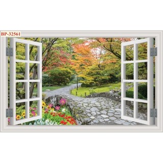Tranh cửa sổ 3D dán tường in trên chất liệu vải lụa (shop tặng kèm keo dán), tranh dán phòng khách, tranh dán phòng ngủ