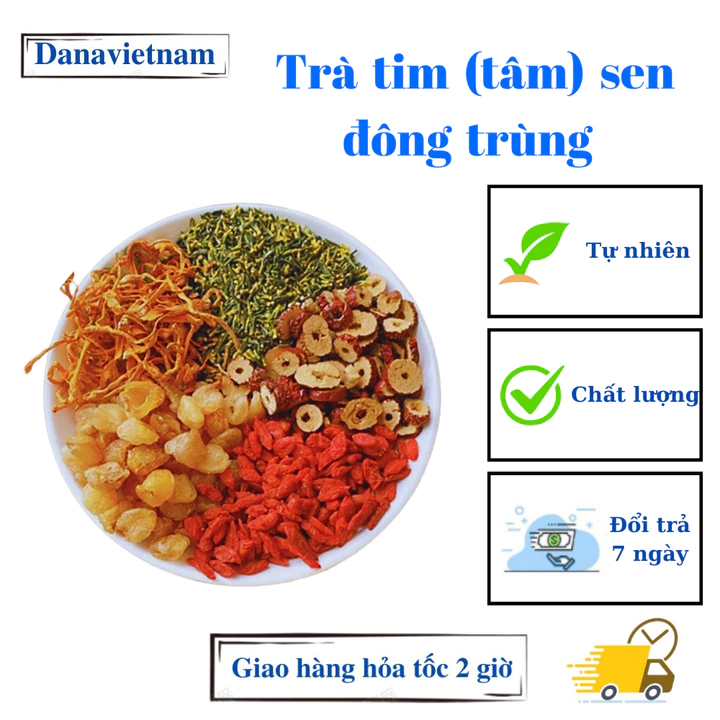 (Mua 1 tặng 3) Trà tim sen đông trùng danavietnam (tâm sen, đông trùng, táo lát, nhãn, kỳ tử) hộp 10 gói, 20 gói, 30 gói