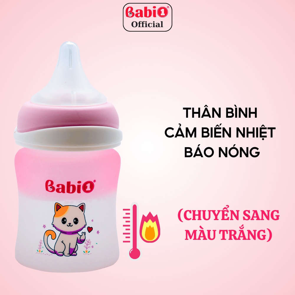 Bình Sữa Thủy Tinh Babi1 120ml | Cảm Biến Nhiệt Báo Nóng | Chống Bỏng | Núm Chống Sặc An Toàn Bé