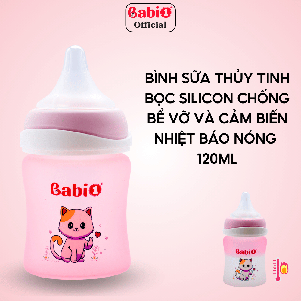 Bình Sữa Thủy Tinh Babi1 120ml | Cảm Biến Nhiệt Báo Nóng | Chống Bỏng | Núm Chống Sặc An Toàn Bé