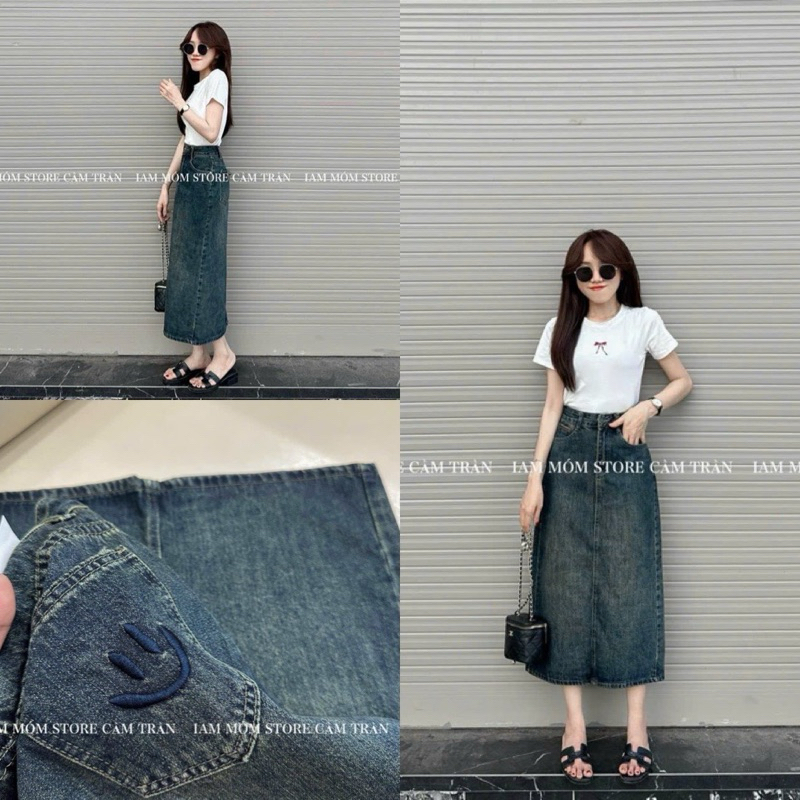Chân váy jeans nữ bút chì thêu túim mặt cười sau