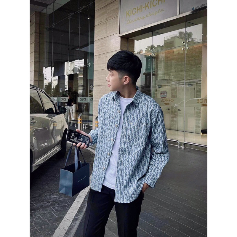 ⚡️[Hight Quality] Sơ Mi Denim D1.01 Homme Oblique Blue And White Họa Tiết Monogram Sang Trọng - Hàng Loại 1 Full Túi Tag