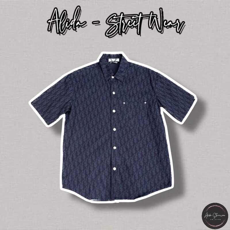 ⚡️[Hight Quality] Sơ Mi Denim D1.01 Oblique Kasuri Cộc Tay Màu Xanh Navy Họa Tiết Monogram Sang Trọng Phù Hợp Với Nam