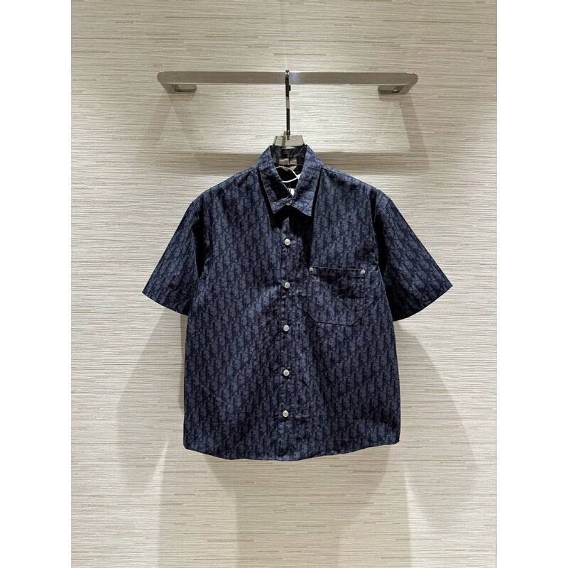 ⚡️[Hight Quality] Sơ Mi Denim D1.01 Oblique Kasuri Cộc Tay Màu Xanh Navy Họa Tiết Monogram Sang Trọng Phù Hợp Với Nam