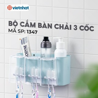 Kệ bàn chải đánh rắng 3 cốc Việt Nhật, Kệ treo đồ nhà tắm dán tường 1347
