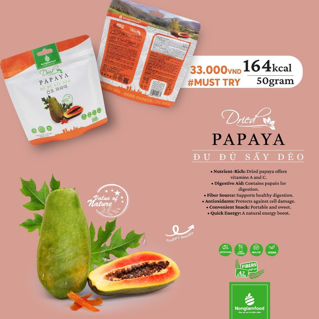 Đu đủ sấy dẻo thượng hạng Nông Lâm Food túi 50g | Quà tặng healthy cao cấp cho người thân, bạn bè