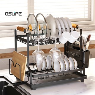 Gslife Kệ Đựng Bát Đĩa Thông Minh Sơn Đen-Kệ Để Chén Đĩa Gấp, Tay Cầm Bằng Gỗ, Có Khay Hứng Nước