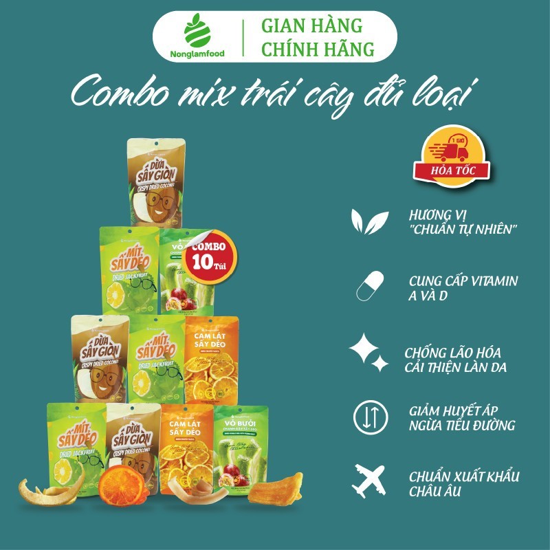 [10 Túi Tặng 2] Combo 10 túi Trái cây sấy Nonglamfood (Cam lát, Mít, Bưởi chanh dây, Dừa giòn)