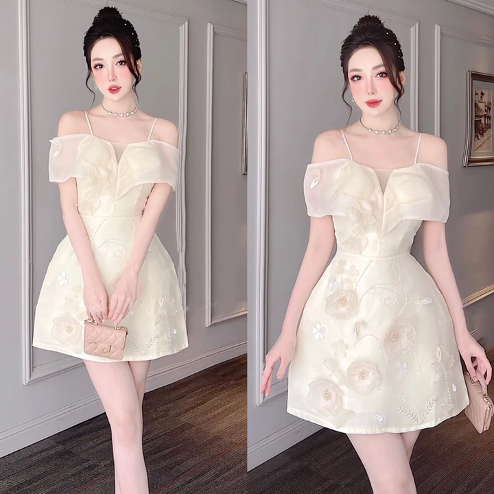 Đầm Váy Nữ Thiết kế Chất Tơ phối Tafta, Váy 2 Dây Trễ vai Đính Hoa Cườm Đính Đá