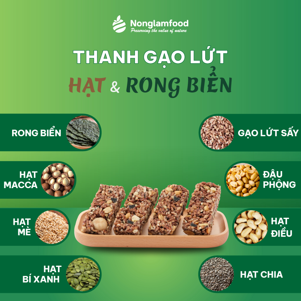 Combo 10 túi thanh gạo lứt hạt và rong biển Gabri Nông Lâm Food túi 7 thanh