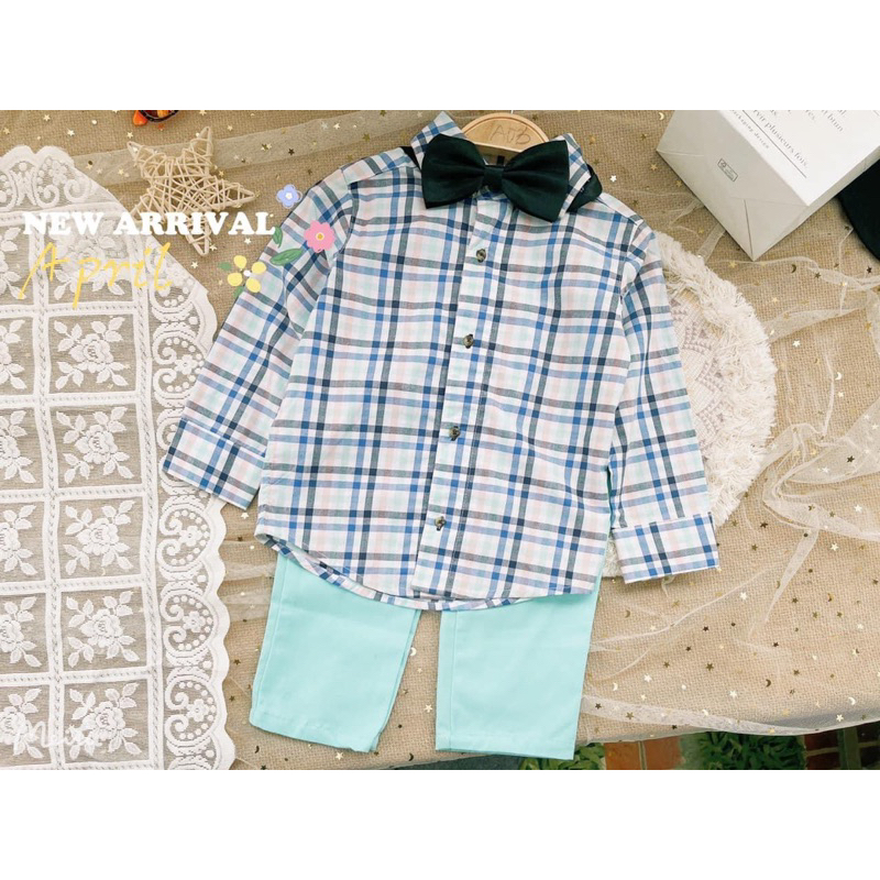Set Bộ Bé Trai Kẻ Sọc Nơ Cổ C6697 Cotton Thô Mặc Đi Học Đi Tiệc Size 4Y (17-19kg)