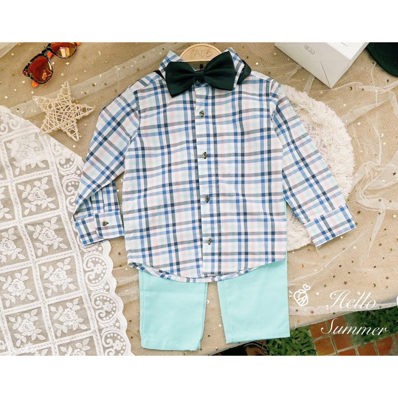 Set Bộ Bé Trai Kẻ Sọc Nơ Cổ C6697 Cotton Thô Mặc Đi Học Đi Tiệc Size 4Y (17-19kg)