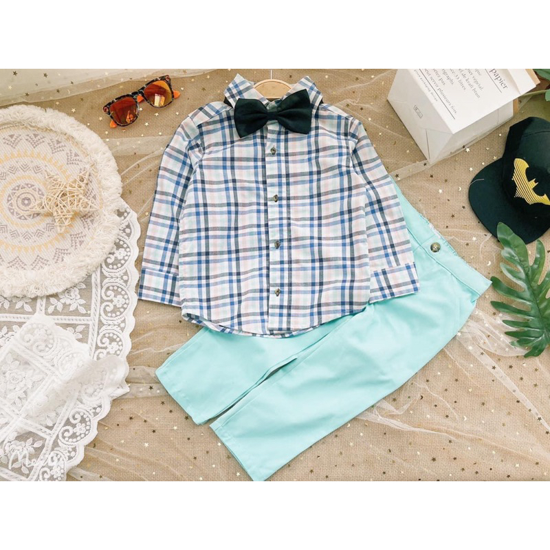 Set Bộ Bé Trai Kẻ Sọc Nơ Cổ C6697 Cotton Thô Mặc Đi Học Đi Tiệc Size 4Y (17-19kg)