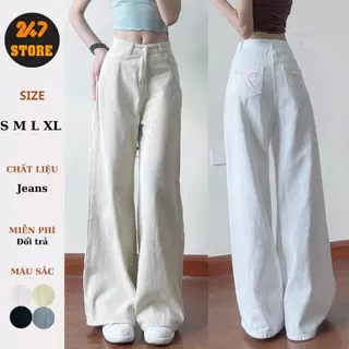 Quần Jean Ống Rộng dáng dài form loe thêu nơ 247store màu tôn dáng quần bò ống rộng