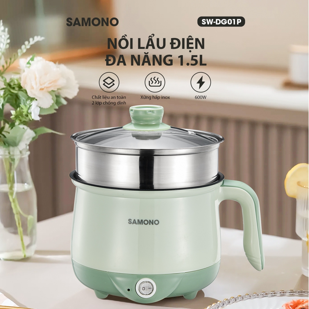Ảnh Nồi điện đa năng dung tích 1.5L Samono SW-DG01P phủ 2 lớp chống dính, công suất 600W, kèm xửng hấp inox 2