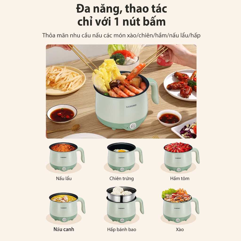 Ảnh Nồi điện đa năng dung tích 1.5L Samono SW-DG01P phủ 2 lớp chống dính, công suất 600W, kèm xửng hấp inox 3