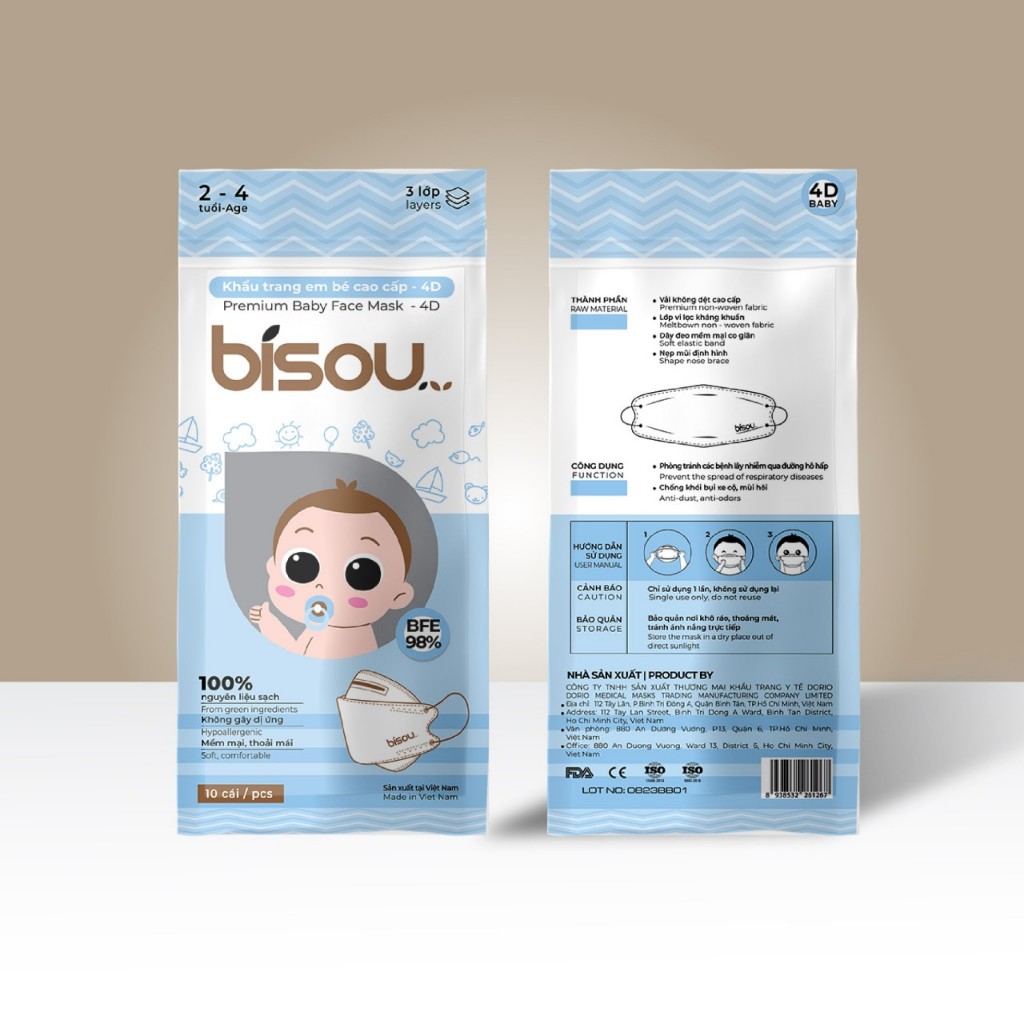 Túi 10 cái khẩu trang cao cấp KF94 Baby Bisou hoạ tiết dành cho bé từ 2-5 tuổi