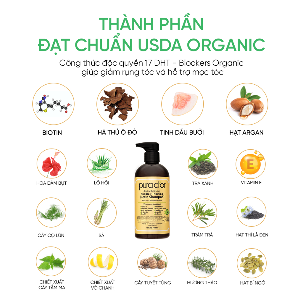 Ảnh Combo dầu gội dầu xả hữu cơ hỗ trợ giảm rụng tóc, hỗ trợ mọc tóc Biotin Gold Label Pura D'or 473ml Organic 2