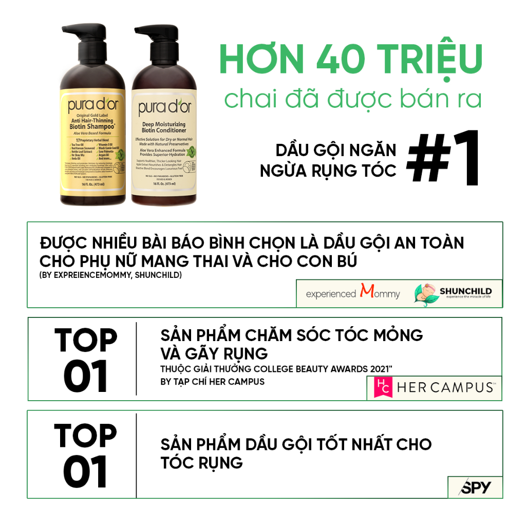 Ảnh Combo dầu gội dầu xả hữu cơ hỗ trợ giảm rụng tóc, hỗ trợ mọc tóc Biotin Gold Label Pura D'or 236ml Organic 4