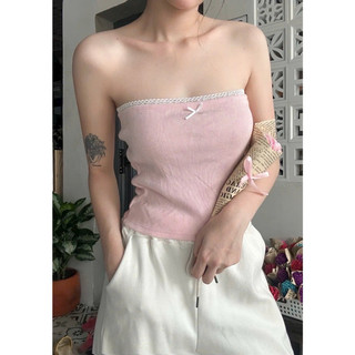 Áo ống phối nơ hồng xám trắng đen phối ren viền chất gân tăm xinh VANISA CT036