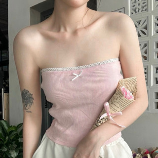 Áo ống phối nơ hồng xám trắng đen phối ren viền chất gân tăm xinh VANISA CT036