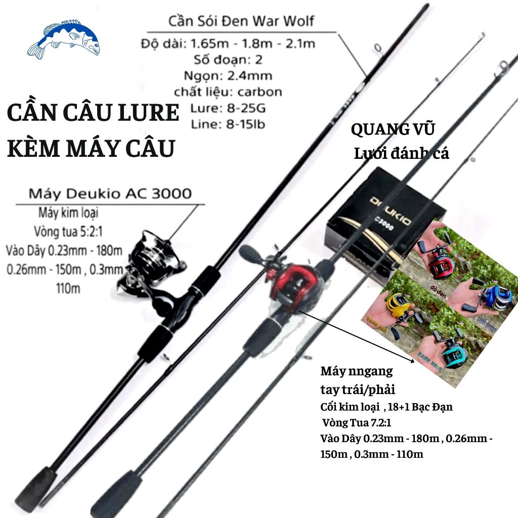 Bộ cần câu lure Sói Đen kèm máy ngang máy đứng giá rẻ dài 1m65 1m8 2m1 ...