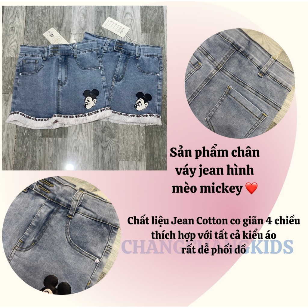 Hàng thiết kế Chân váy jean mickey cho bé chuẩn hàng size nhỏ đến đại và mẹ bé 2t đến 10,12,13,14,15 tuổi