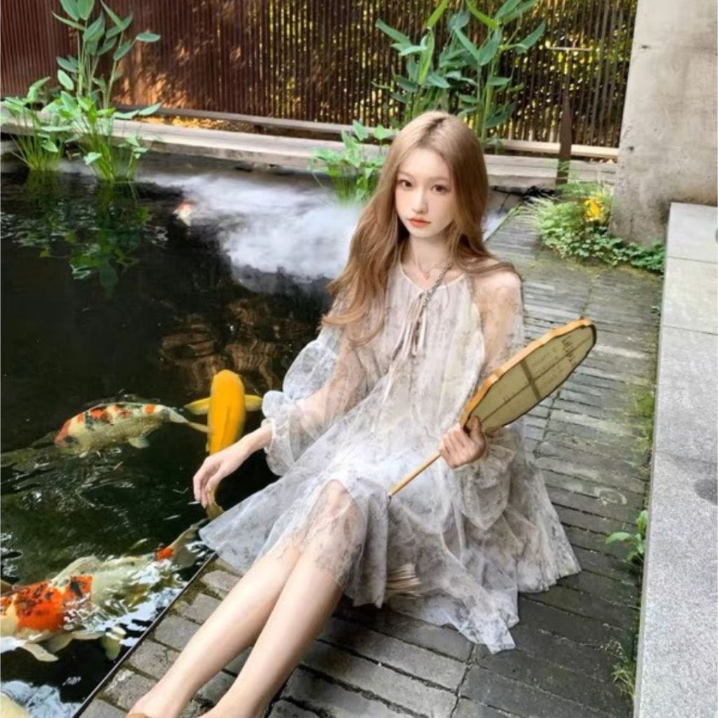 Đầm voan hoa nhí tay bồng, đầm babydoll tay bồng váy tơ tay phồng VHN702