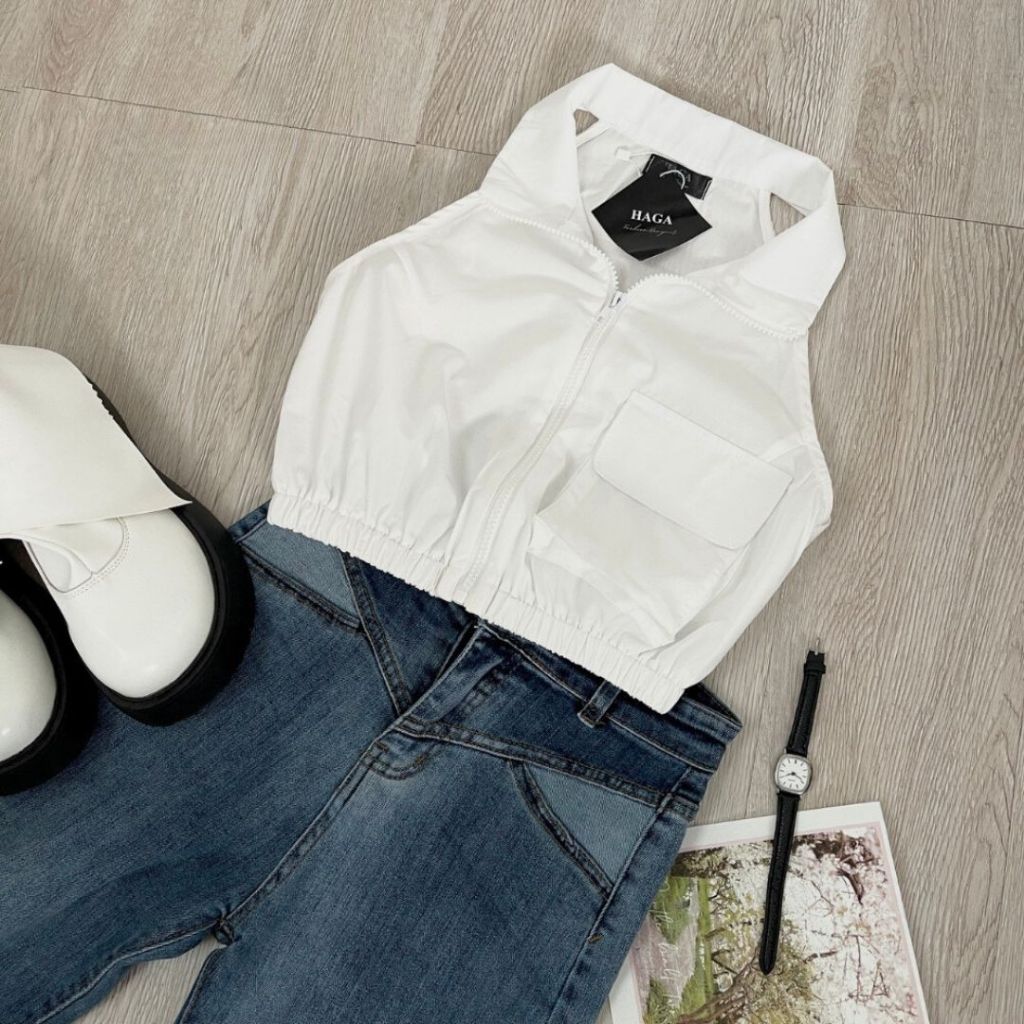Áo sơ mi nữ croptop Sicily áo sát nách kéo khóa chun eo ASMSN72