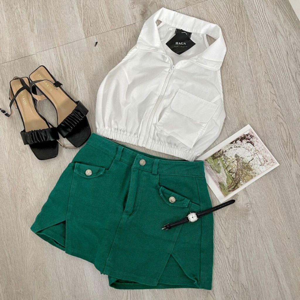 Áo sơ mi nữ croptop Sicily áo sát nách kéo khóa chun eo ASMSN72