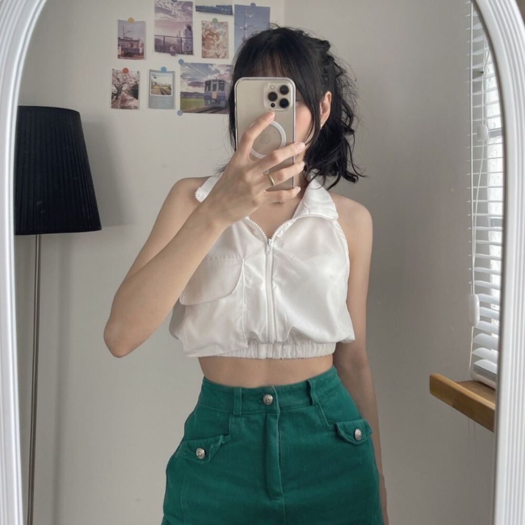 Áo sơ mi nữ croptop Sicily áo sát nách kéo khóa chun eo ASMSN72