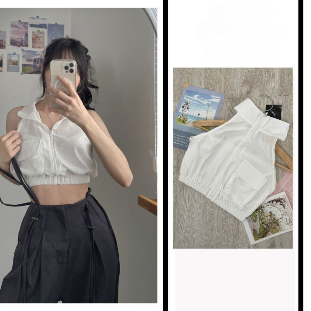 Áo sơ mi nữ croptop Sicily áo sát nách kéo khóa chun eo ASMSN72