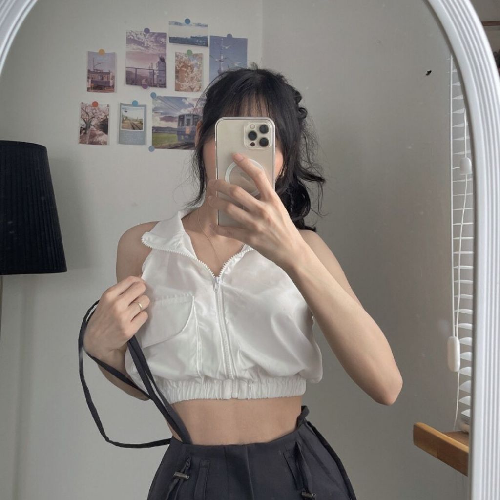 Áo sơ mi nữ croptop Sicily áo sát nách kéo khóa chun eo ASMSN72