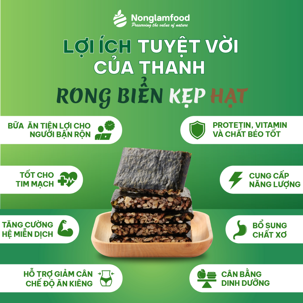 [THUẦN CHAY] Thanh rong biển kẹp hạt KHÔNG ĐƯỜNG Nông Lâm Food túi 95g