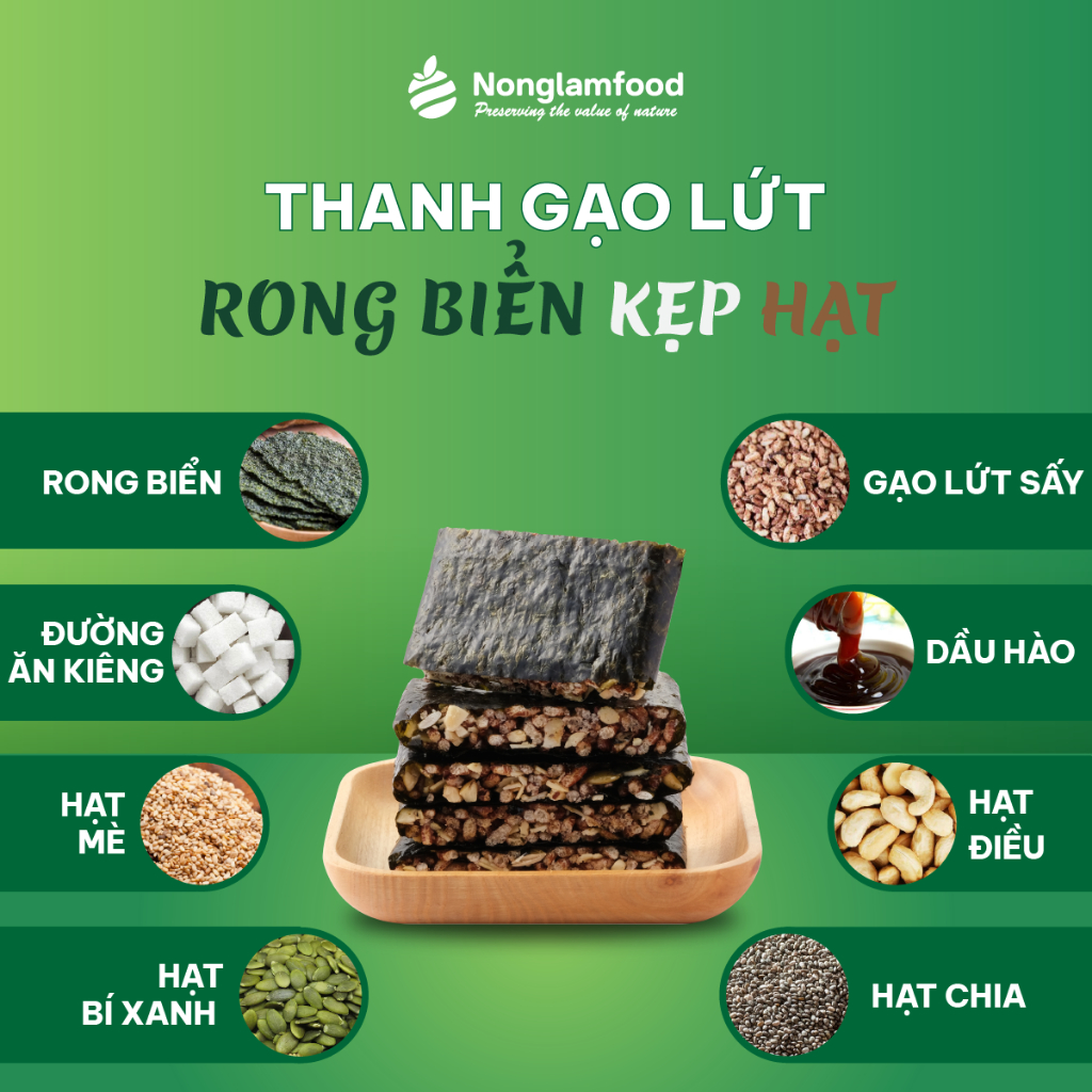 [THUẦN CHAY] Combo 10 túi thanh rong biển kẹp hạt KHÔNG ĐƯỜNG Nông Lâm Food túi 95g