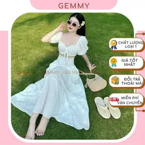 Váy maxi đi biển, maxi biển mặc 2 kiểu có tay phồng, áo kiểu chân váy bo chun xòe bồng nhẹ nhàng váy dài du lịch - GEMMY