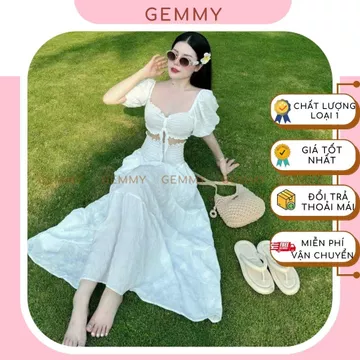 Váy maxi đi biển, maxi biển mặc 2 kiểu có tay phồng, áo kiểu chân váy bo chun xòe bồng nhẹ nhàng váy dài du lịch - GEMMY