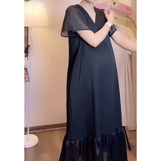 Đầm bầu dáng dài  ViBa [VB12] màu đen cổ tim có 2 túi