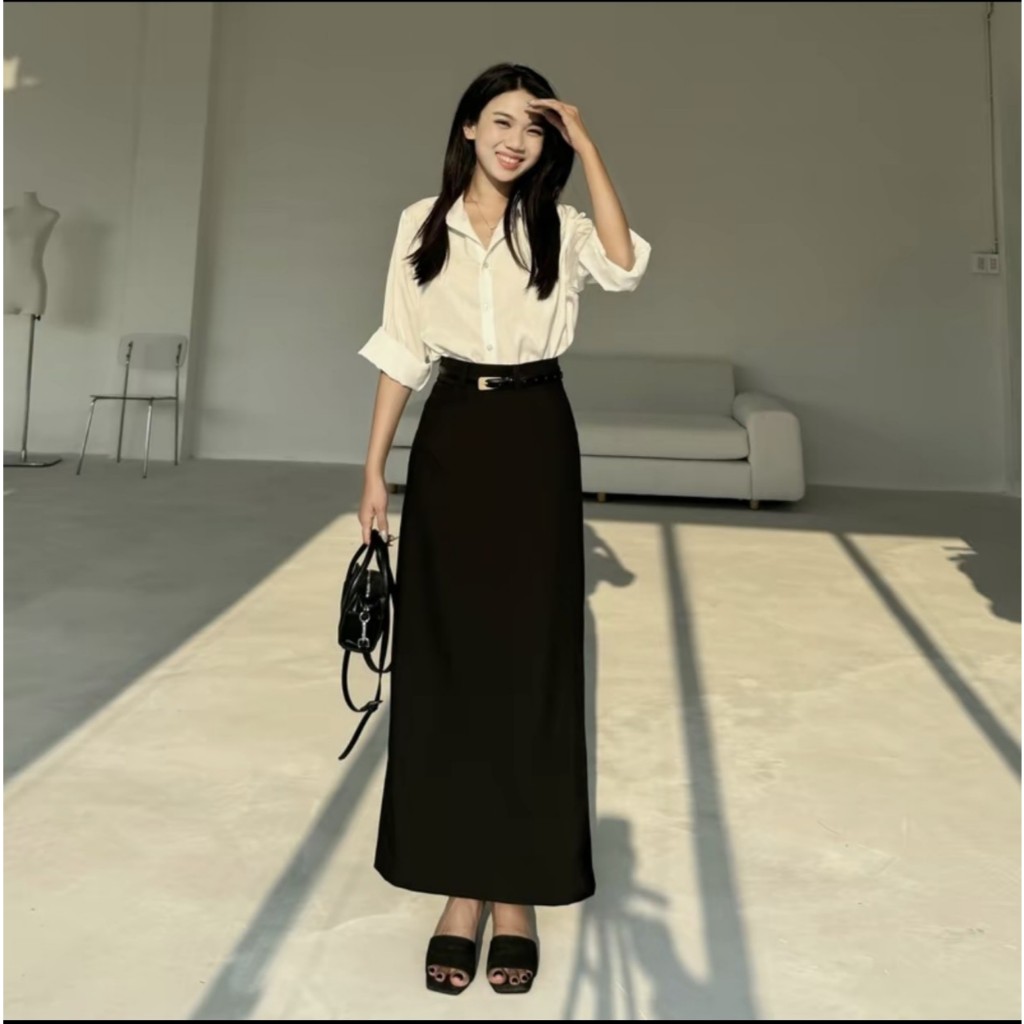 Chân Váy Chữ A Suông Dáng Dài 90cm Phối Đai Da Thiết Kế Túi Giả Phía Sau_Chất Chéo Nhật_SHOPNGOCTRANG19_CV146