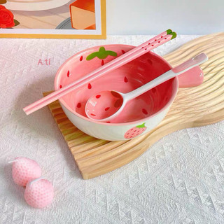 T&T0252 Bát dâu có tay cầm kèm thìa,đũa sứ siêu xinh sứ cao cấp