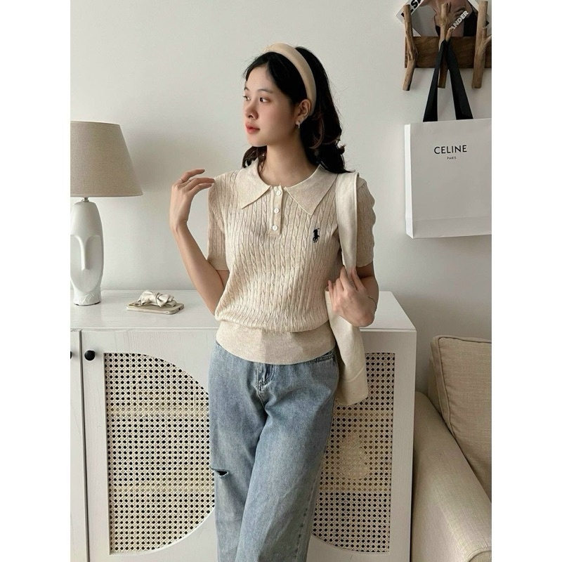 Áo len polo dệt vặn thừng thêu ngựa hàng QC